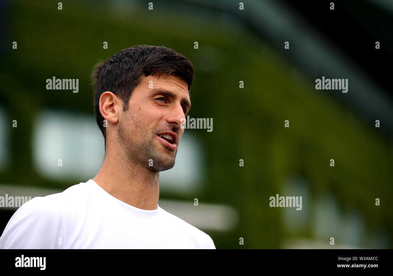 Novak Djokovic during a practice session ahead of the men's singles final on day thirteen of the Wimbledon Championships at the All England Lawn Tennis and Croquet Club, Wimbledon. Stock Photo