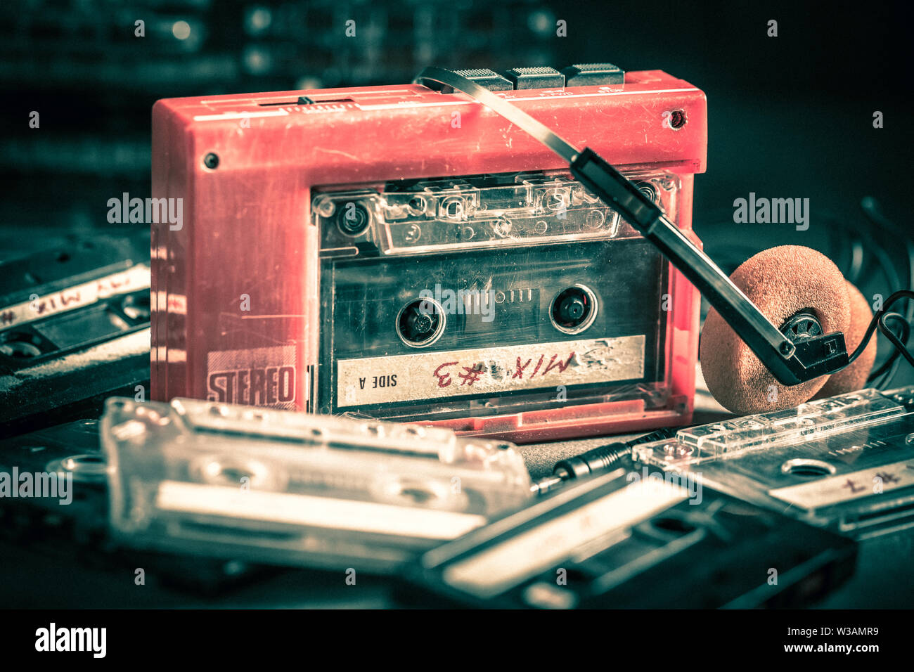 Classic cassette tape with red walkman and headphones Stock Photo Alamy