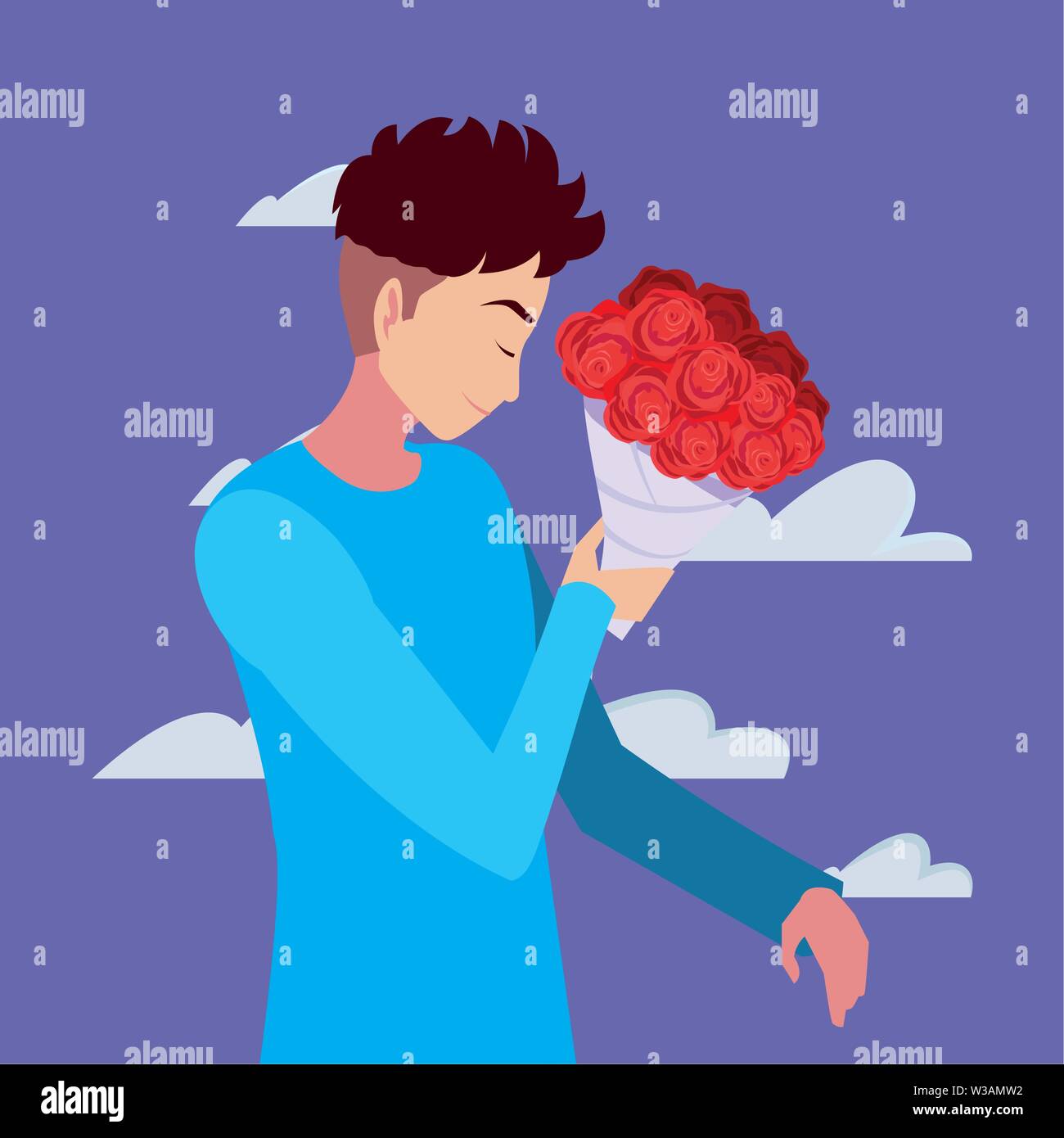 romantic man with bouquet flowers vector illustration Stock Vector ...