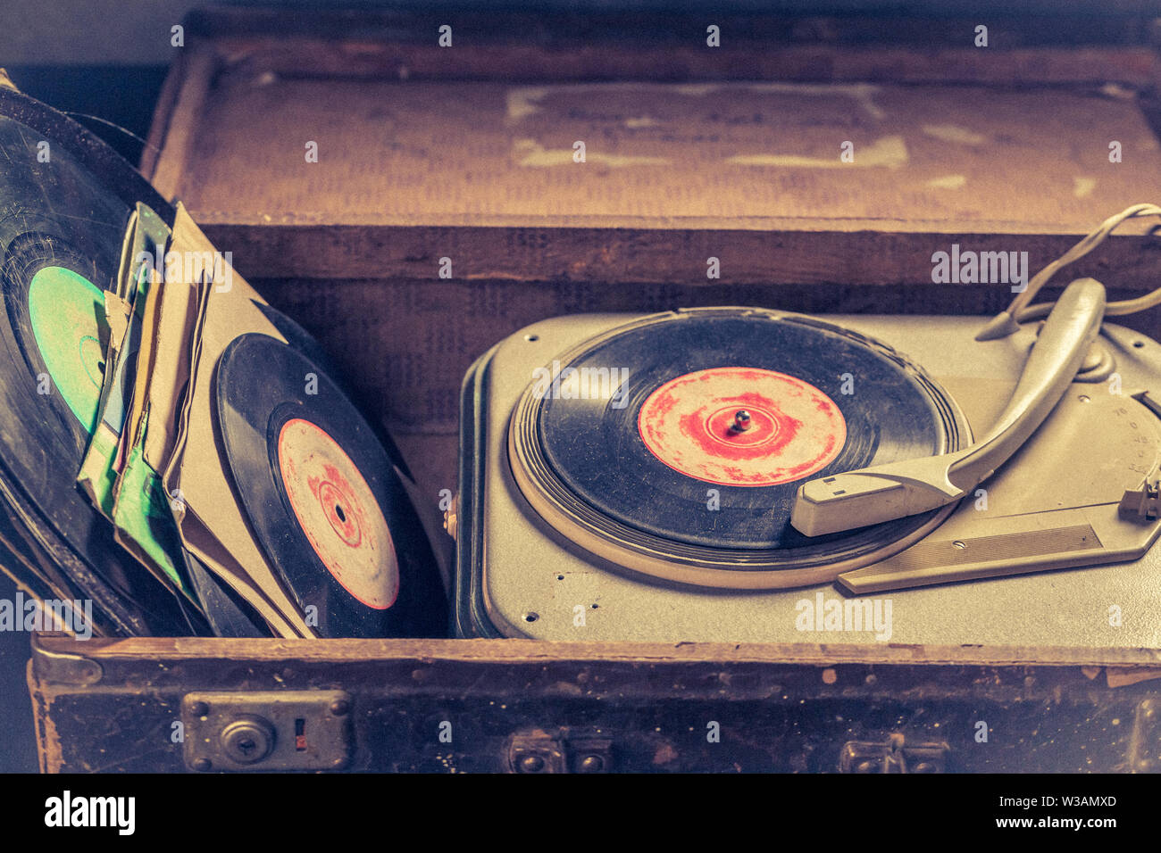 Closeup of retro gramophone with few black vinyl records Stock Photo ...