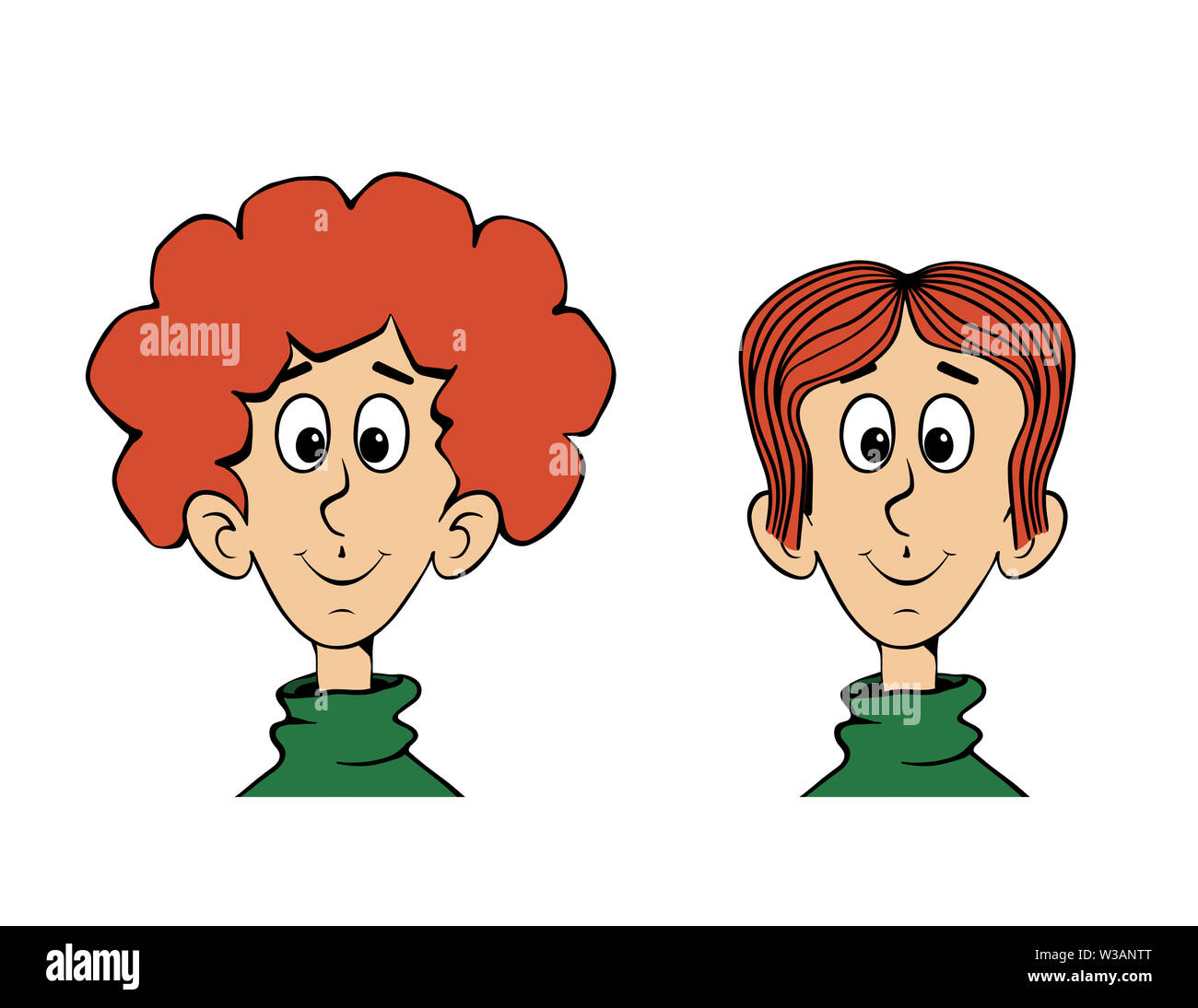 cartoon man face with two hairstyles wavy and straight hair Stock Photo