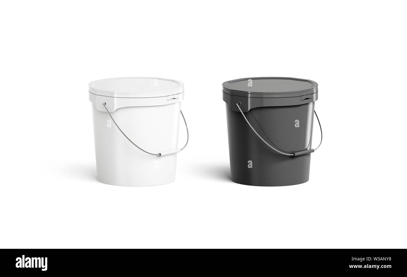 Blank black and white paint bucket with handle mock up isolated, half front view, 3d rendering. Clean dark storage for gathering berries or milk mocku Stock Photo