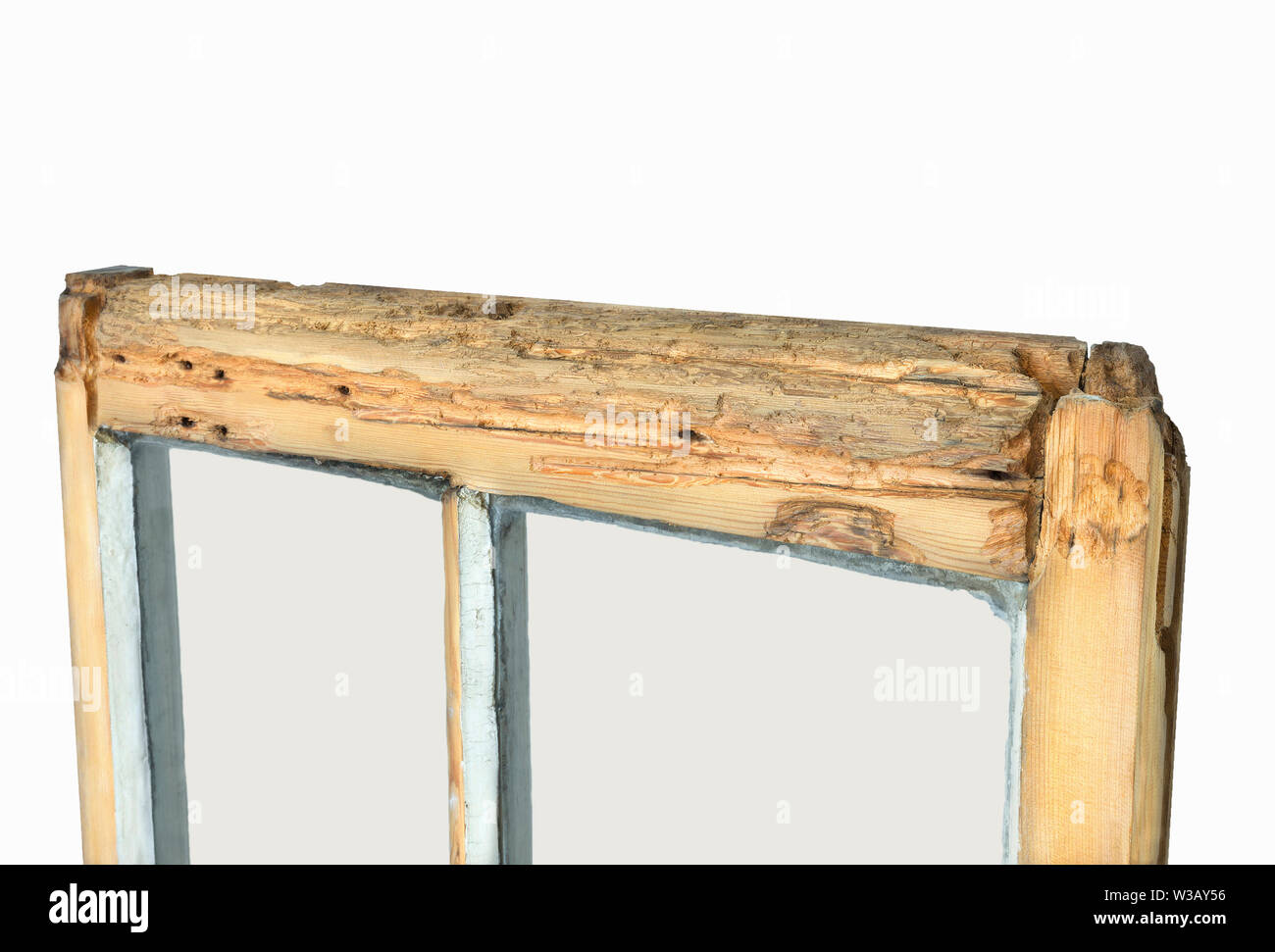 Close up of rotten sash window frame against white background. Sash ...
