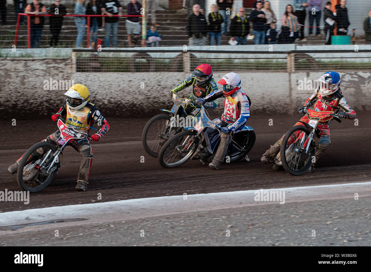 Loomer Rd, Newcastle Und, UK. 13th July, 2019. Stoke on Trent, 14th July Ben Morley (Yellow) leads Tom Perry (White) Matt Marson (Red) and Drew Kemp (Blue) during the National League 4 Team Championship at Stoke Speedway Stadium, Loomer Rd, Newcastle under Lyne on Saturday 13th July 2019. (Credit: Ian Charles | MI News) Credit: MI News & Sport /Alamy Live News Stock Photo