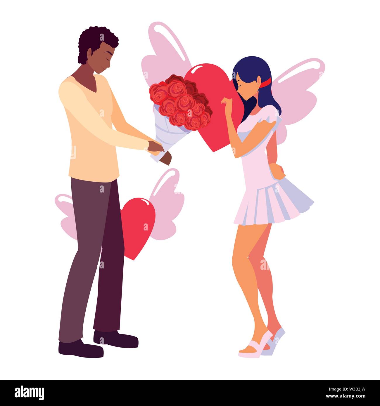 couple romantic flowers heart love wings vector illustration Stock ...
