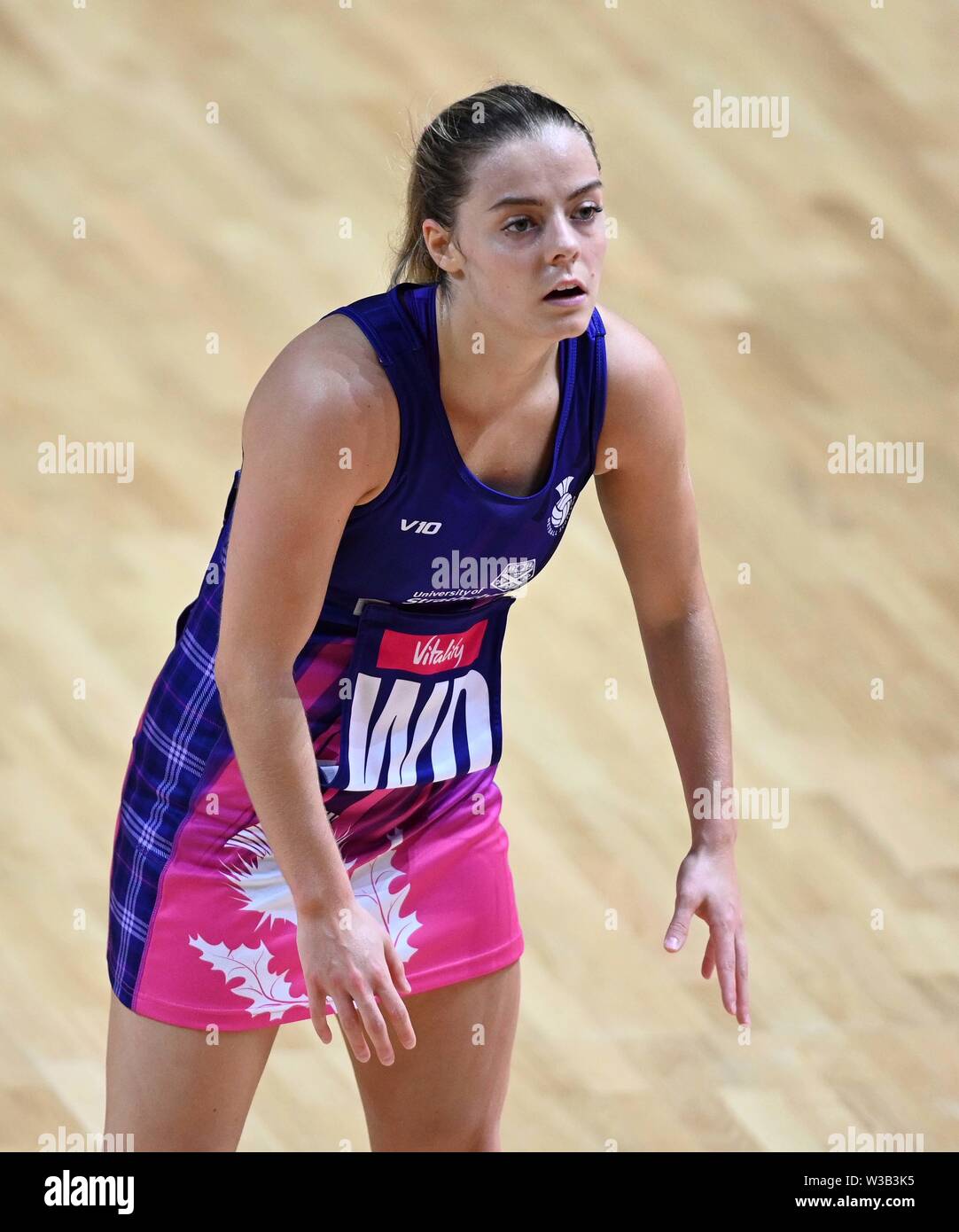 Liverpool, UK. 14 July 2019. Kelly Boyle (Scotland) during the Preliminary game between Uganda and Scotland at the Netball World Cup. M and S arena, Liverpool. Merseyside. UK. Credit Garry Bowdenh/SIP photo agency/Alamy live news. Stock Photo