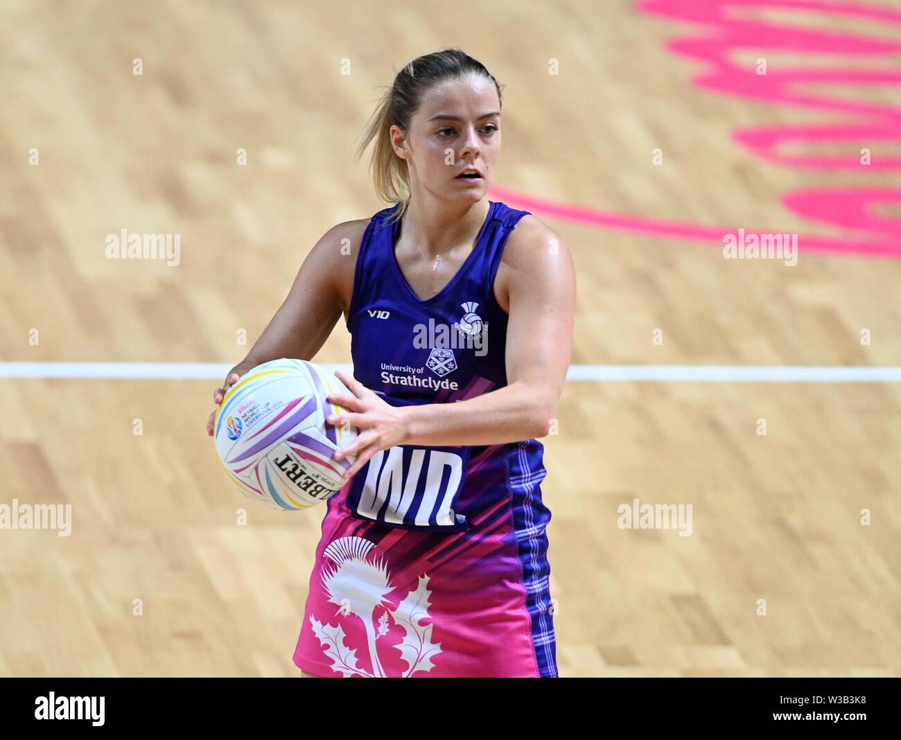 Liverpool, UK. 14 July 2019. Kelly Boyle (Scotland) during the Preliminary game between Uganda and Scotland at the Netball World Cup. M and S arena, Liverpool. Merseyside. UK. Credit Garry Bowdenh/SIP photo agency/Alamy live news. Stock Photo