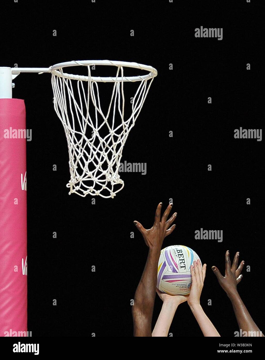Liverpool, UK. 14 July 2019. Hands try to block a shot during the Preliminary game between Uganda and Scotland at the Netball World Cup. M and S arena, Liverpool. Merseyside. UK. Credit Garry Bowdenh/SIP photo agency/Alamy live news. Stock Photo