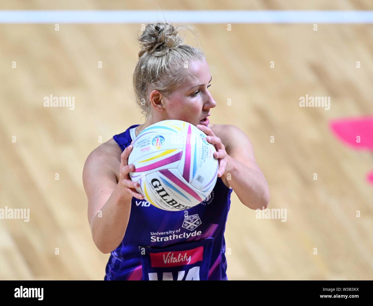 Liverpool, UK. 14 July 2019. Nicola McCleery (Scotland) during the Preliminary game between Uganda and Scotland at the Netball World Cup. M and S arena, Liverpool. Merseyside. UK. Credit Garry Bowdenh/SIP photo agency/Alamy live news. Stock Photo