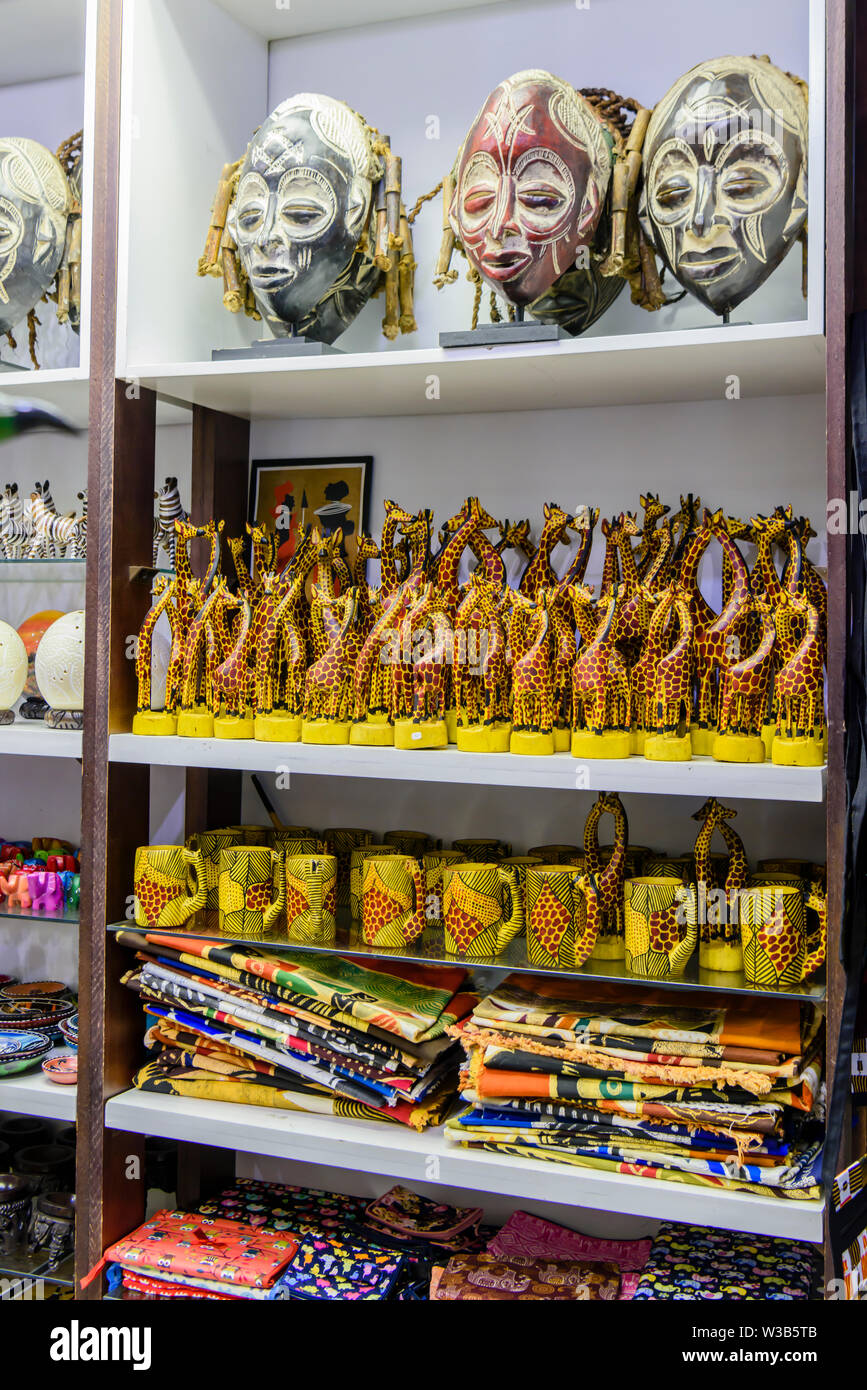 African souvenirs for sale in the departure lounge of Hosea Kutako International Airport, Windhoek, Namibia Stock Photo