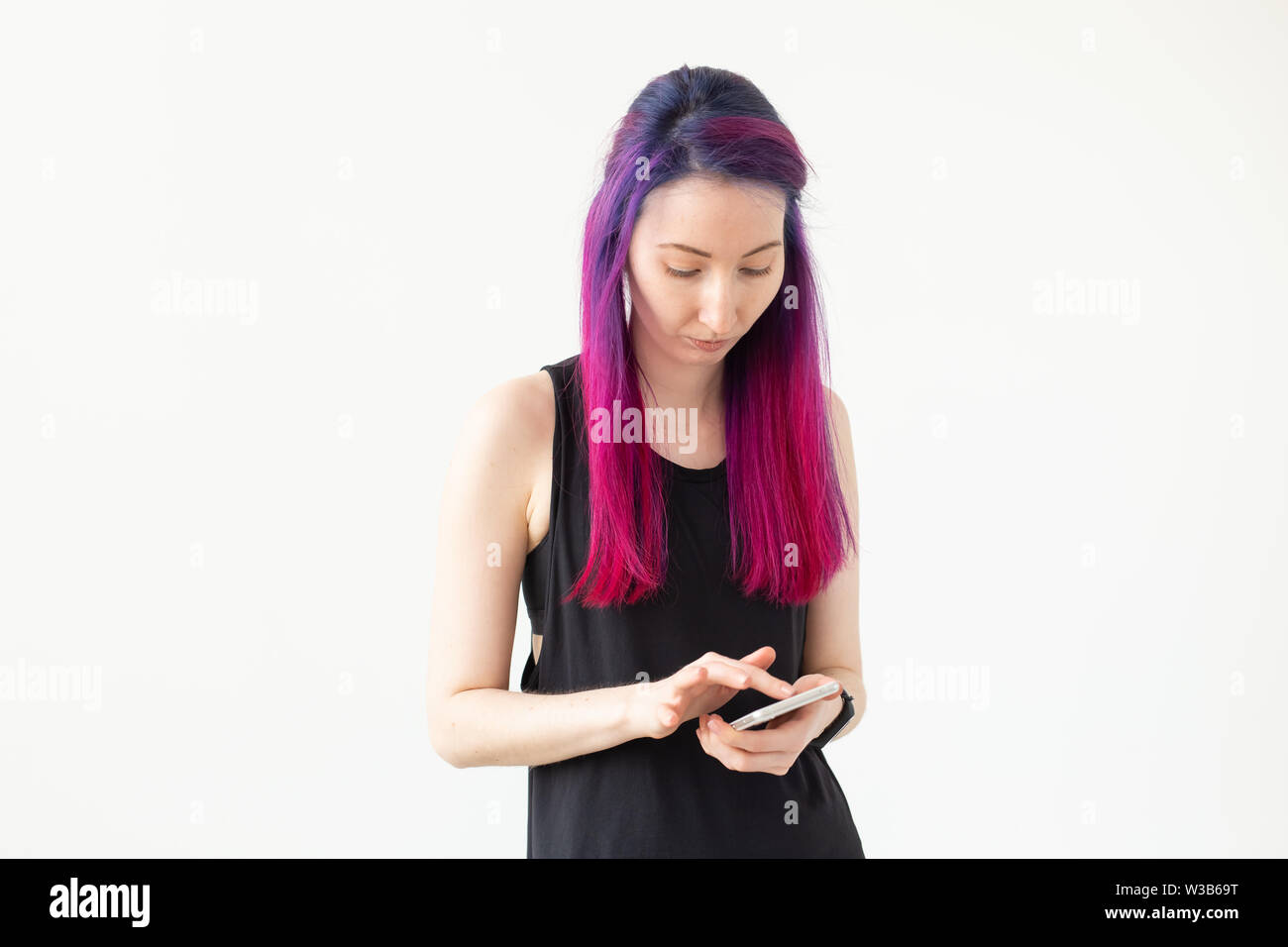 Young Slim Asian Woman With Purple Hair Looking A The Pulse And