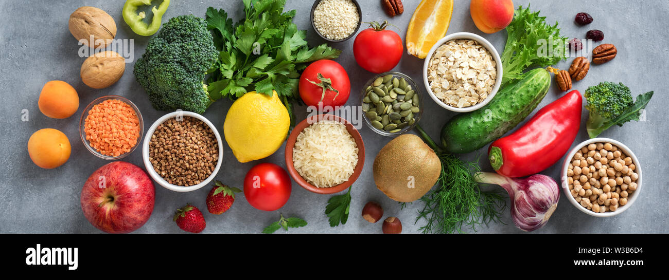 Healthy Vegan Food Background - organic food, top view, banner. Healthy clean eating, diet  or detox concept. Stock Photo