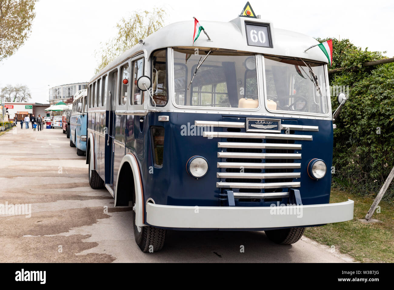 BUDAPEST, HUNGARY - April 05, 2019: Vintage classic Ikarus buses on display at an oldtomer automobile show. Front view. Stock Photo