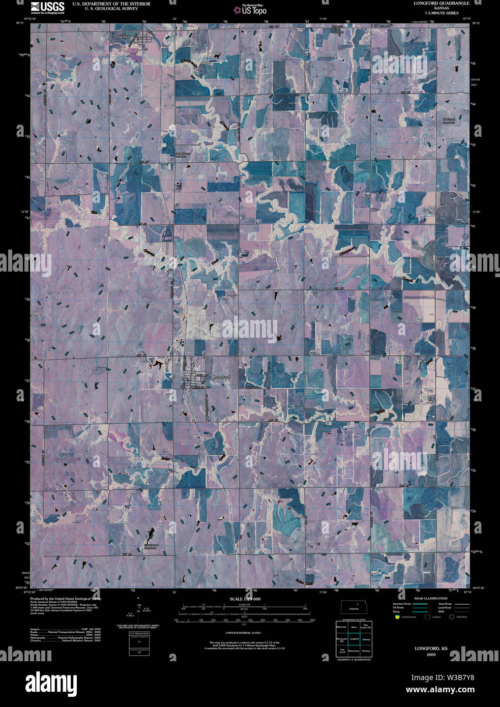 USGS TOPO Map Kansas KS Longford 20091101 TM Inverted Restoration Stock Photo