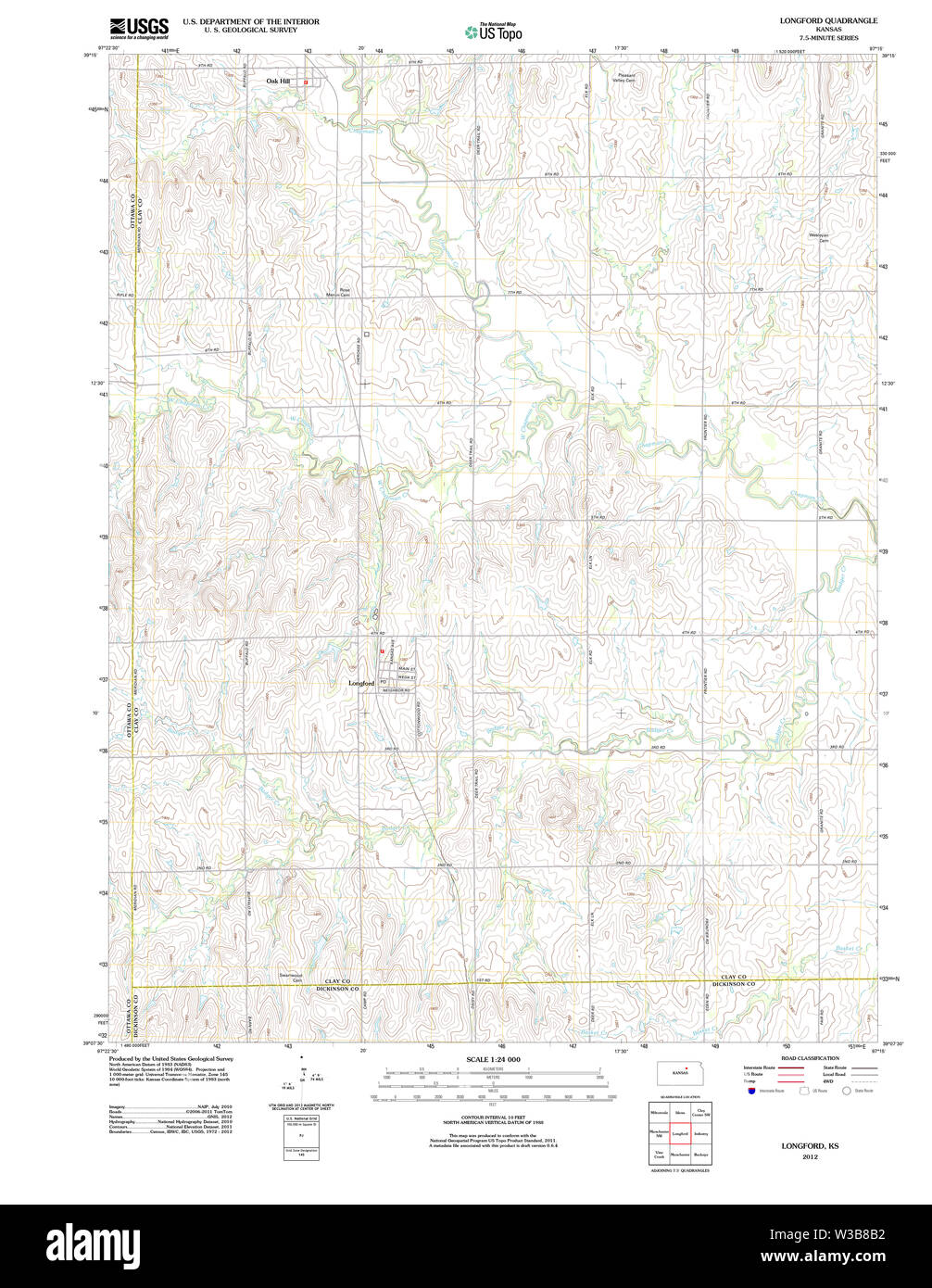 USGS TOPO Map Kansas KS Longford 20120927 TM Restoration Stock Photo