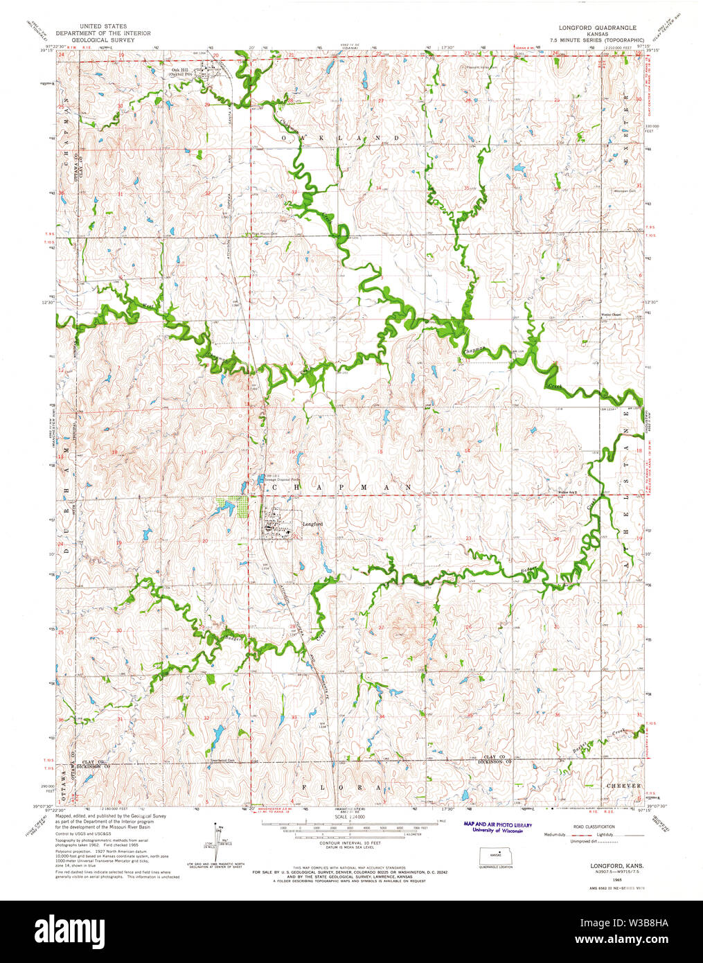 USGS TOPO Map Kansas KS Longford 511884 1965 24000 Restoration Stock Photo
