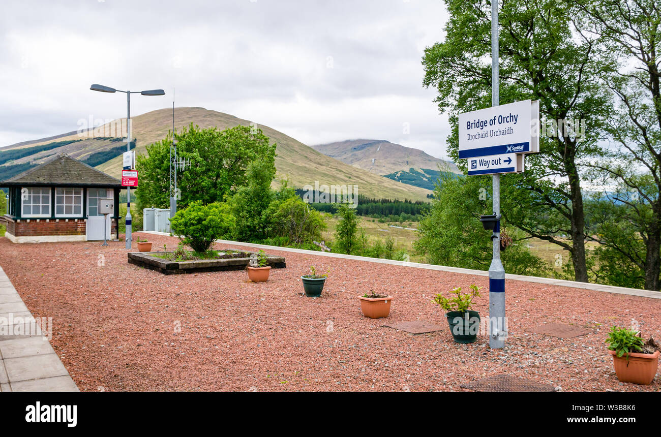 ScotRail Bridge of Orchy rural train station platform name sign on West Highland railway line, Scottish Highlands, Scotland, UK Stock Photo