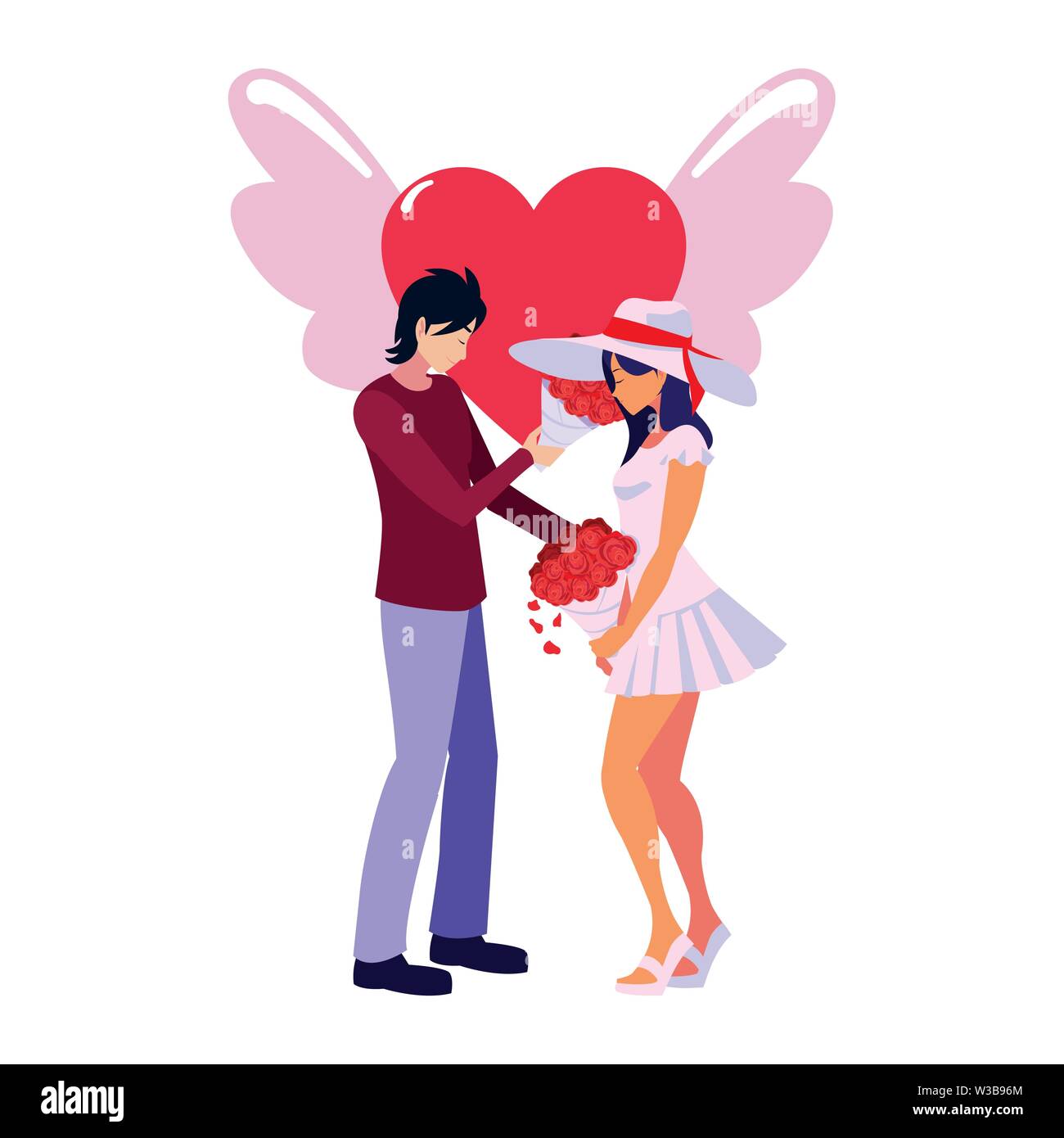 couple romantic flowers heart love wings vector illustration Stock ...
