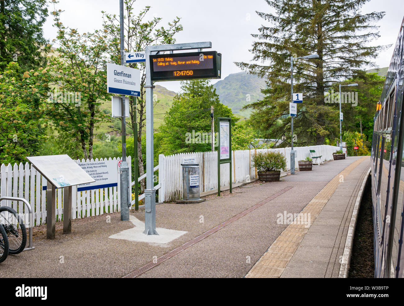 Glenfinnan rural train station platform and name sign with 