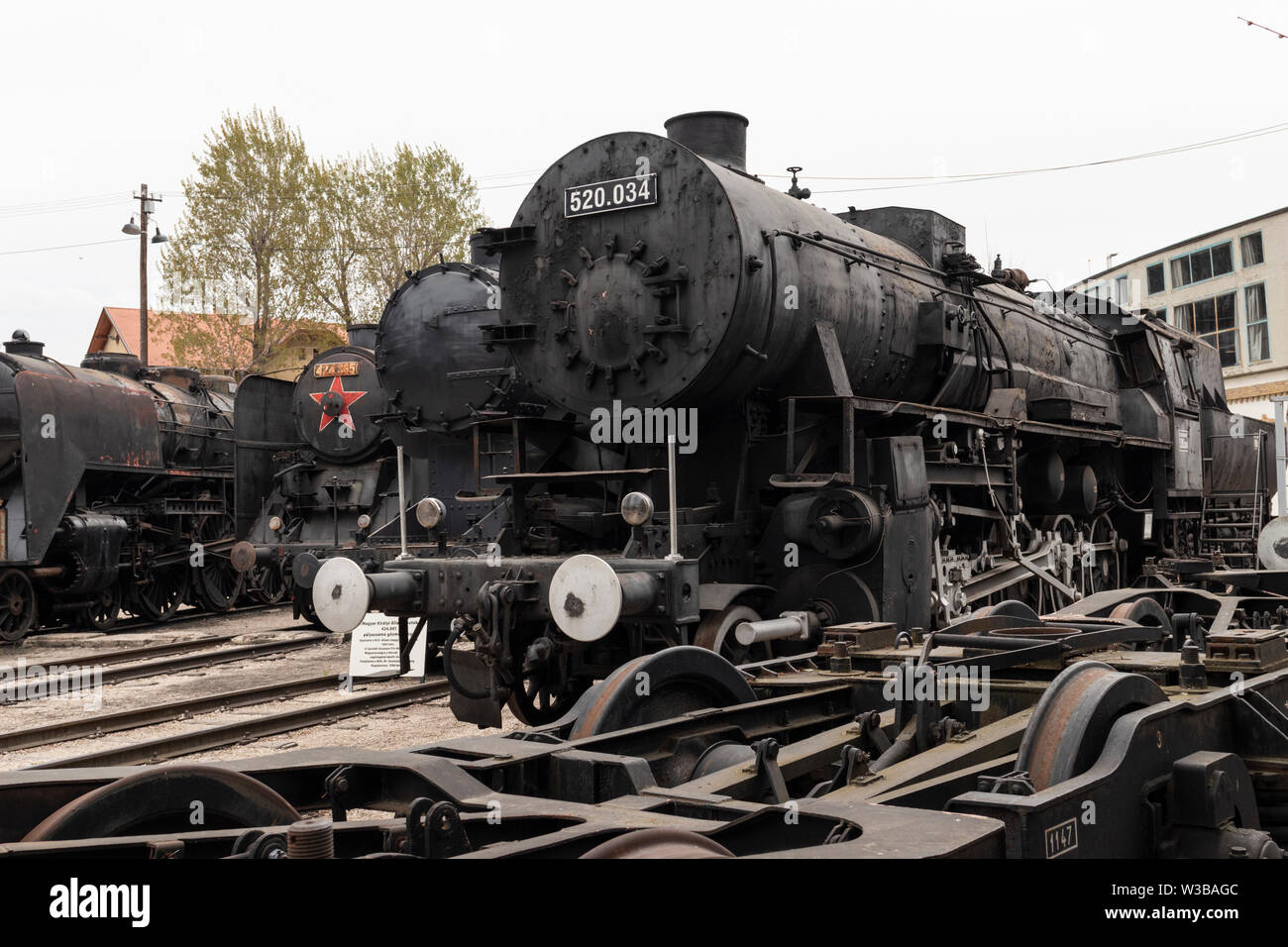 BUDAPEST, HUNGARY - April 05, 2019: Historic steam locomotive on display at the Hungarian Railway Museum. Undercarriage in foreground. Stock Photo