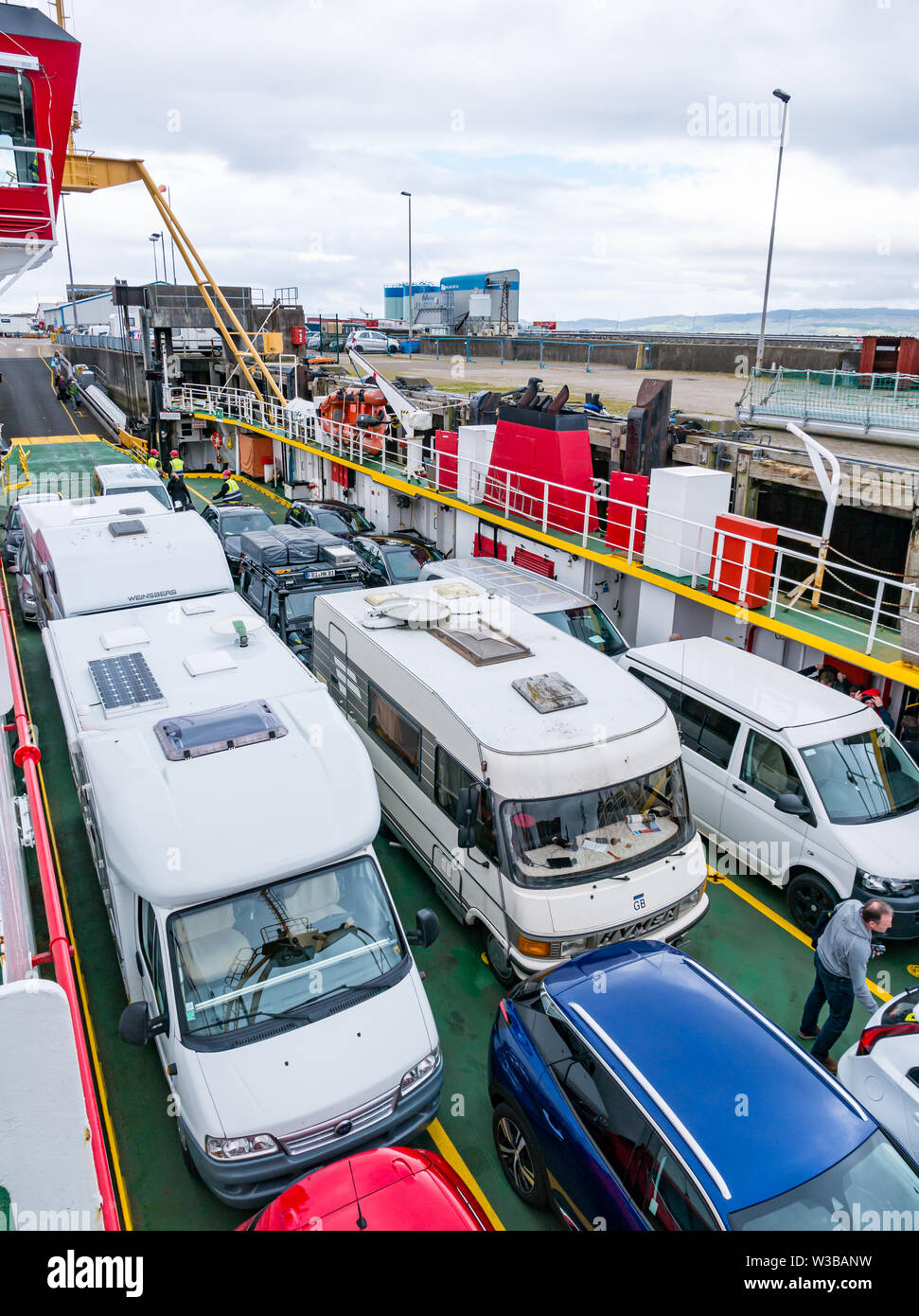 Cars and motorhomes transported on Caledonian MacBrayne ferry across Sound of Sleat to Isle of Skye, Scottish Highlands, Scotland, UK Stock Photo