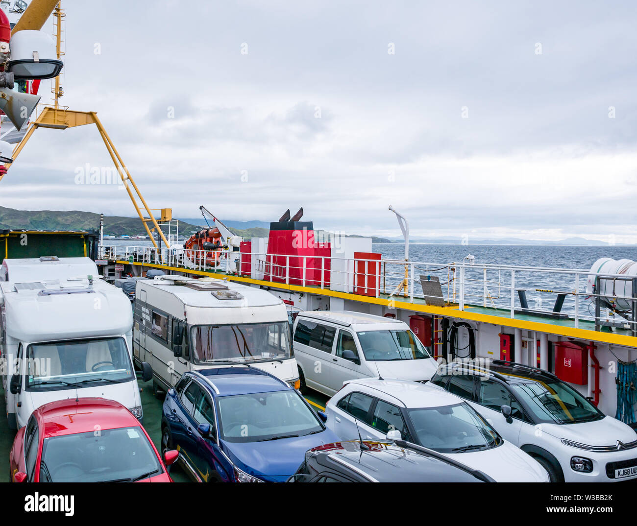 Cars and motorhomes transported on Caledonian MacBrayne ferry across Sound of Sleat to Isle of Skye, Scottish Highlands, Scotland, UK Stock Photo