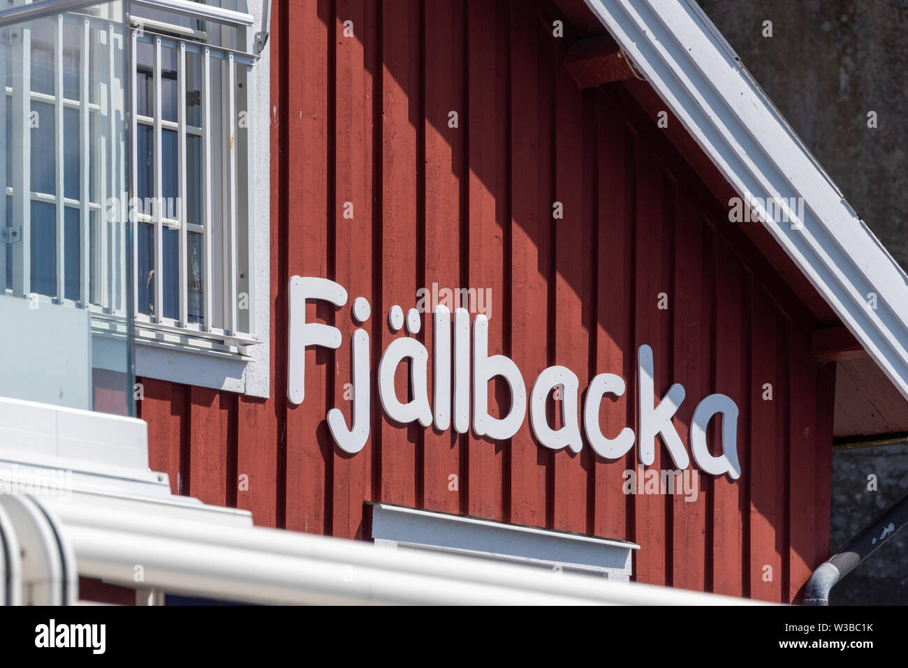 Fjällbacka, Sweden - July 9, 2019: View of the Fjällbacka logo in the popular tourist town of Fjällbacka in western Sweden. Stock Photo