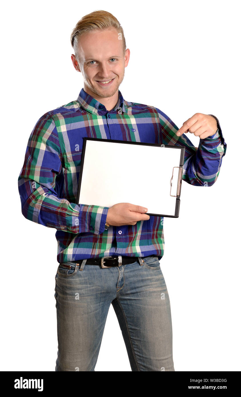 man young young isolated shield clipboard paper a4 info note Stock Photo