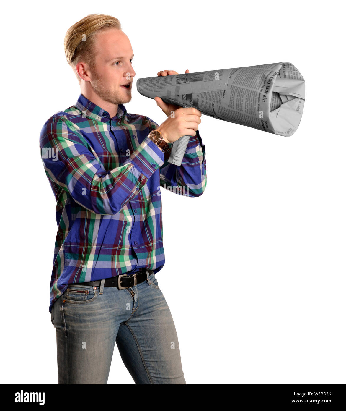 man bullhorn paper office funny play nonsense newsprint Stock Photo