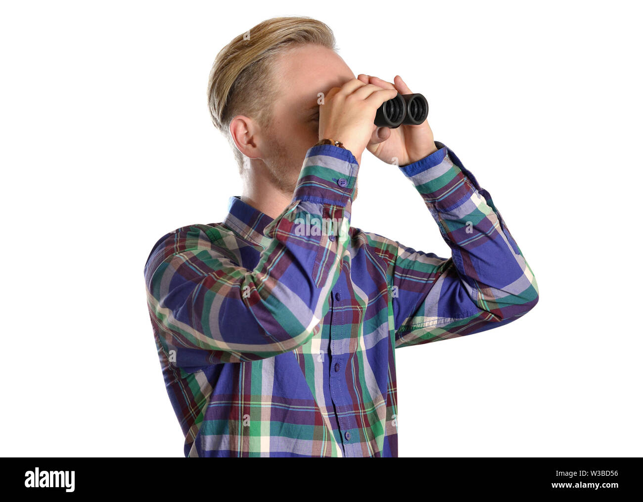 office man acting funny looking through binocular distance Stock Photo