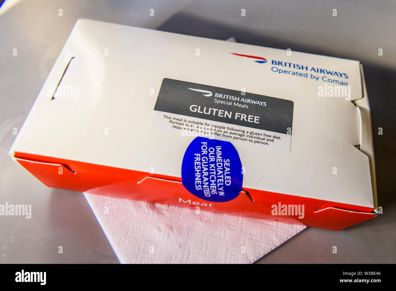 British Airways (operated by Comair) Gluten Free meal box Stock Photo