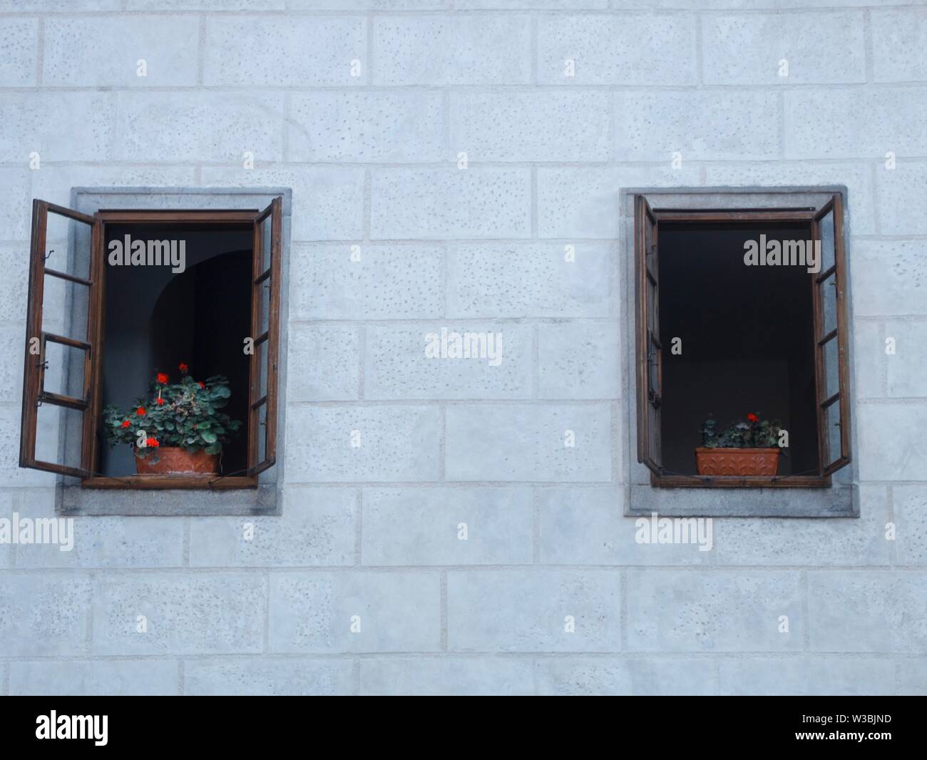 Windows open with flower pots and red flowers Stock Photo Alamy