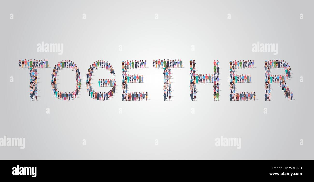 people crowd gathering in shape of together word different occupation ...