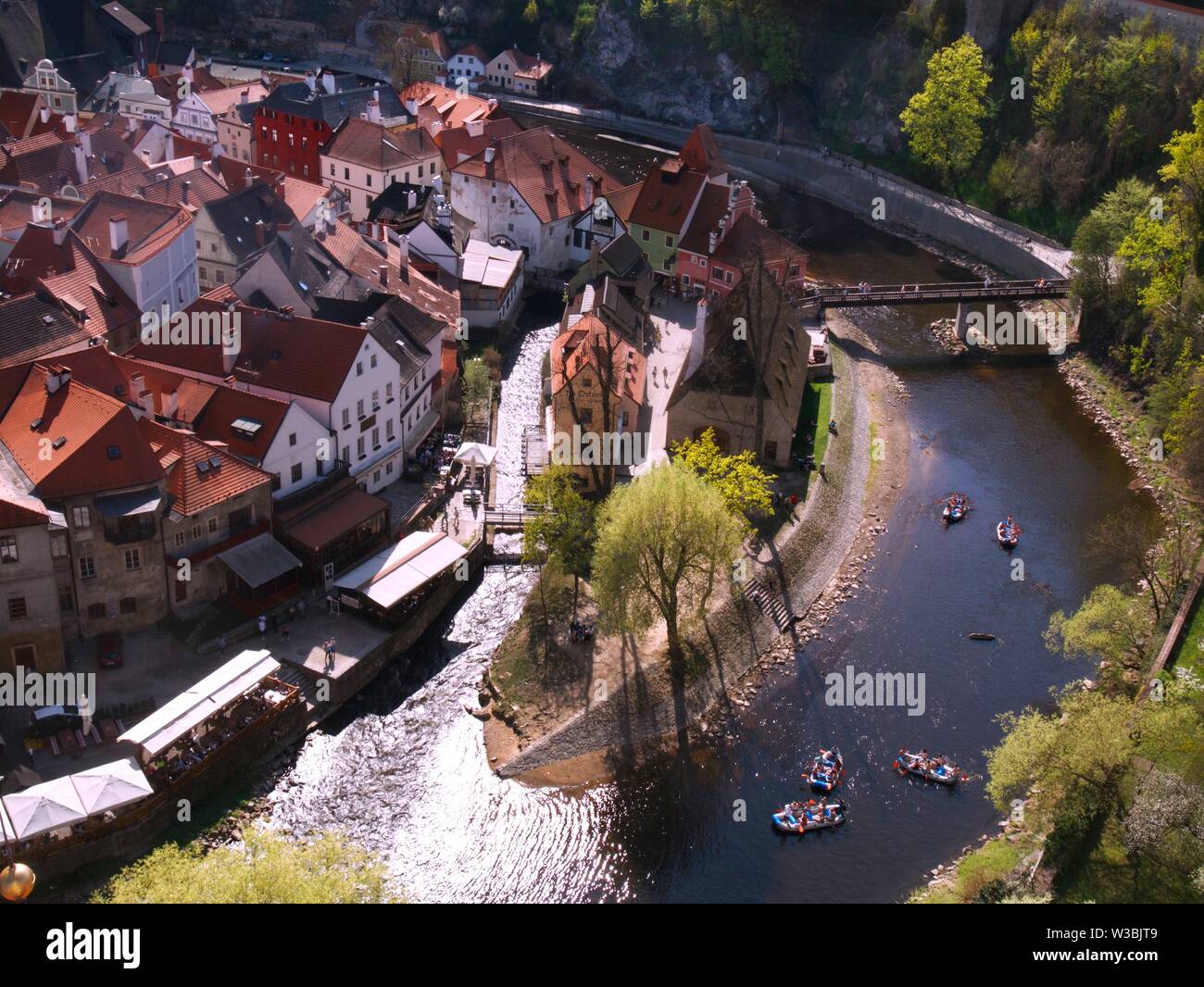 Panoramic View from above of Cesky Krumlov town and Vltava River. The town is a UNESCO World Heritage Site in Czech Republic. Stock Photo