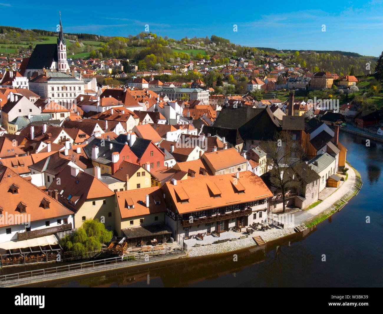 Panoramic View of Medieval Town and Vltava River, Cesky Krumlov, Czech Republic Stock Photo