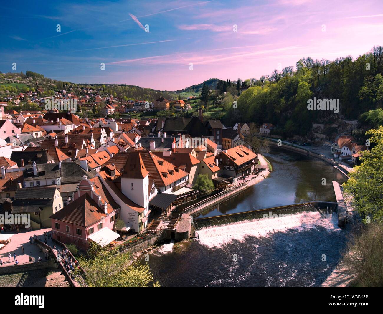 View from above of Cesky Krumlov town and Vltava River. The town is a UNESCO World Heritage Site in Czech Republic. Stock Photo