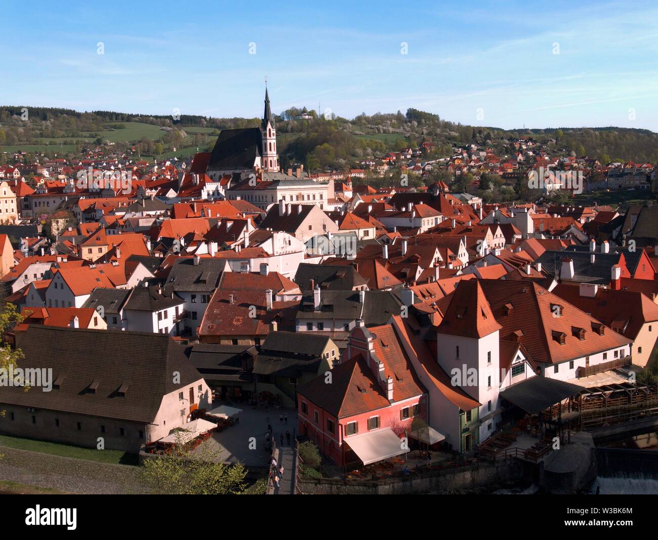 View from above of historic medieval town of Cesky Krumlov from its Castle. Cesky Krumlov is a UNESCO World Heritage Town in Czech Republic. Stock Photo