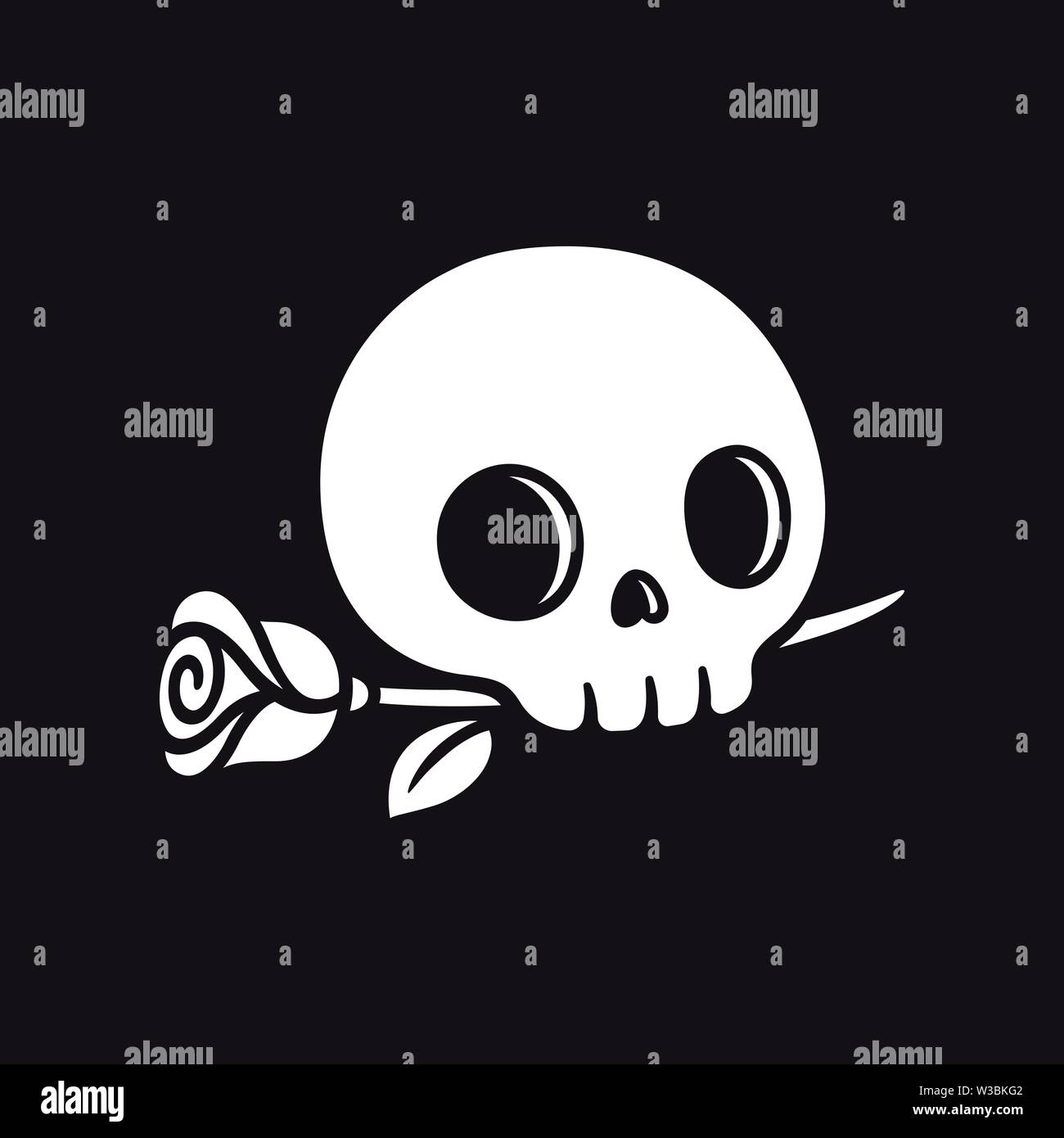Cartoon Skull Drawing With Rose On Black Background Romantic And Gothic Vintage Style Vector Illustration Simple Tattoo Design Stock Vector Image Art Alamy