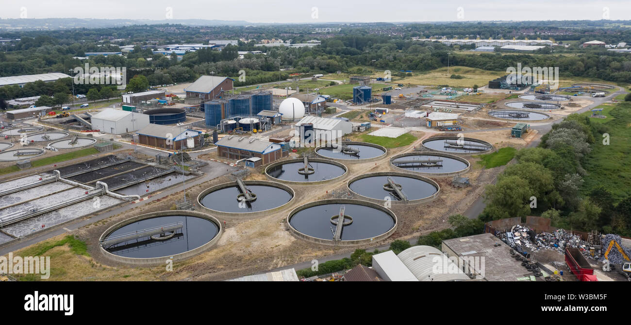SWINDON UK - JULY 14, 2019: Aerial view of sewage treatment plant in Swindon Stock Photo