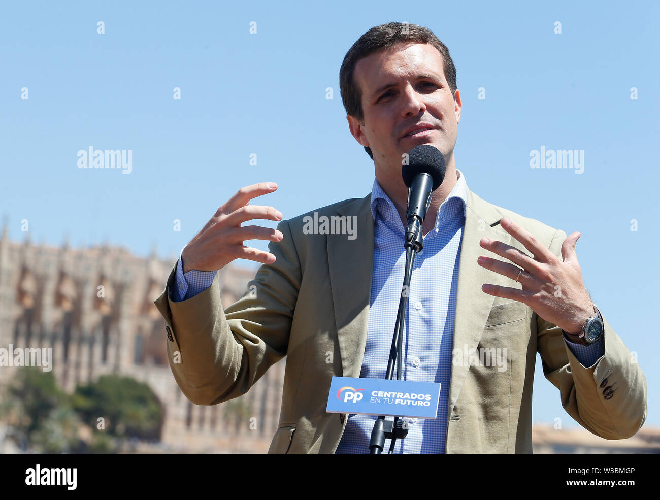 Spain popular party political party leader Pablo Casado speaks during an electoral meeting in Palma de Mallorca Stock Photo