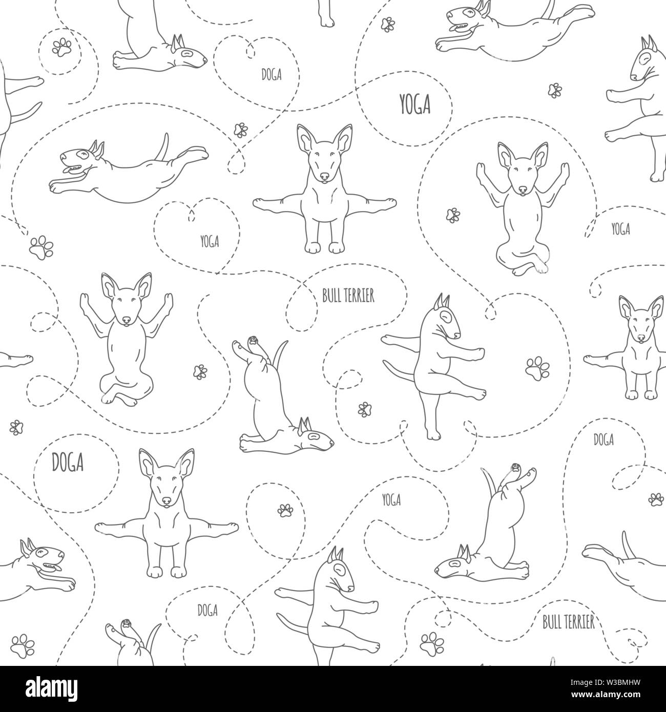 Yoga dogs poses and exercises. Bull terrier seamless pattern. Vector ...