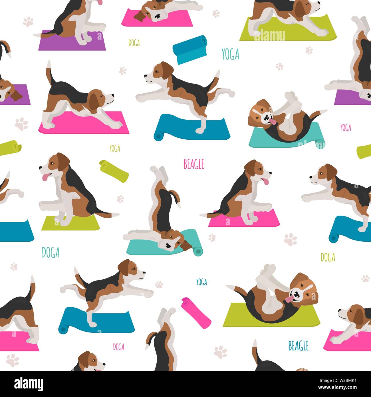 Yoga dogs poses and exercises. Beagle seamless pattern. Vector ...