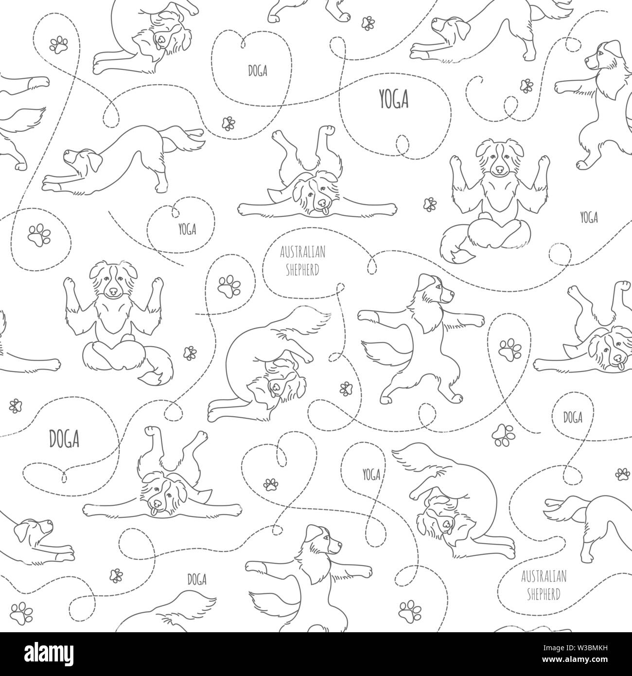 Yoga dogs poses and exercises. Australian shepherd seamless pattern