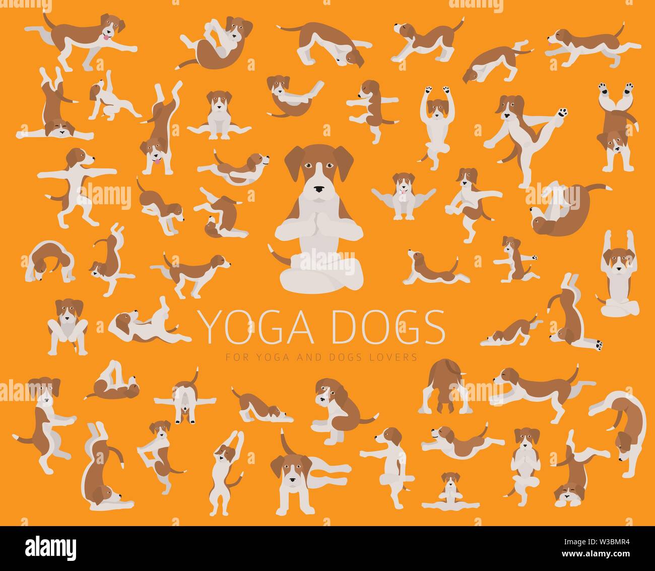 Yoga dogs poses and exercises doing clipart. Funny cartoon poster ...