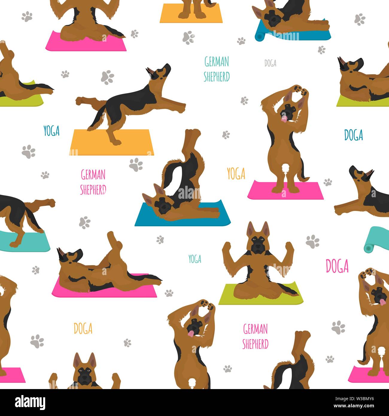 Yoga dogs poses and exercises. German shepherd seamless pattern. Vector