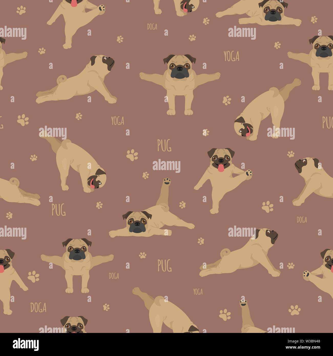 Yoga dogs poses and exercises. Pug seamless pattern. Vector ...