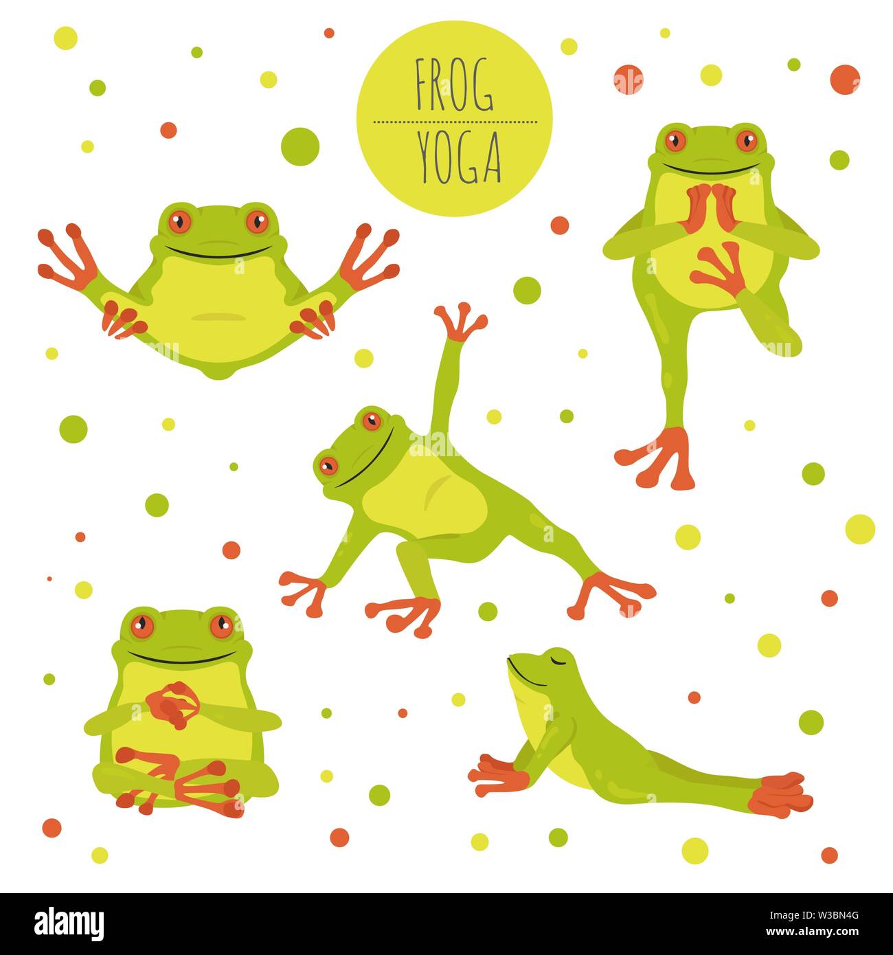 Frog yoga poses and exercises. Cute cartoon clipart set. Vector