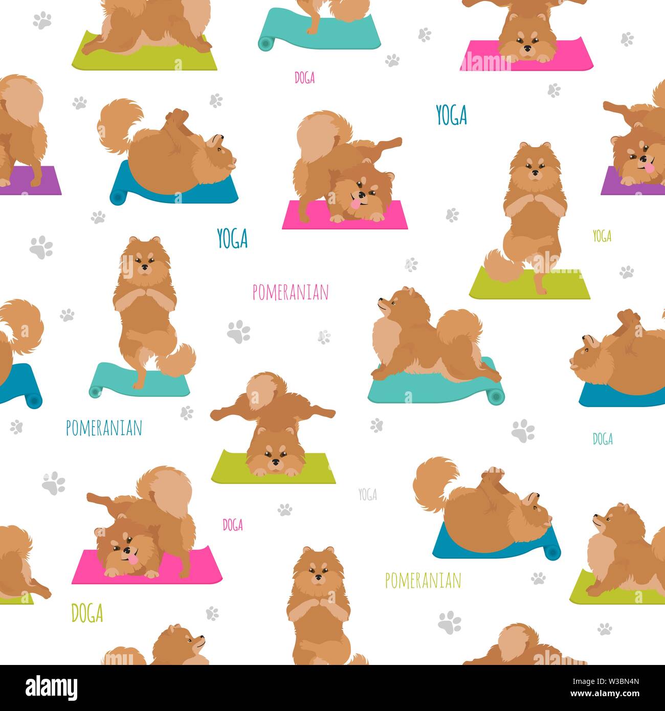 Yoga dogs poses and exercises. Pomeranian seamless pattern. Vector ...
