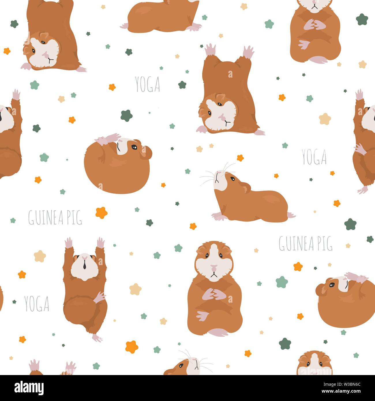 Guinea pig yoga poses and exercises. Cute cartoon seamless pattern