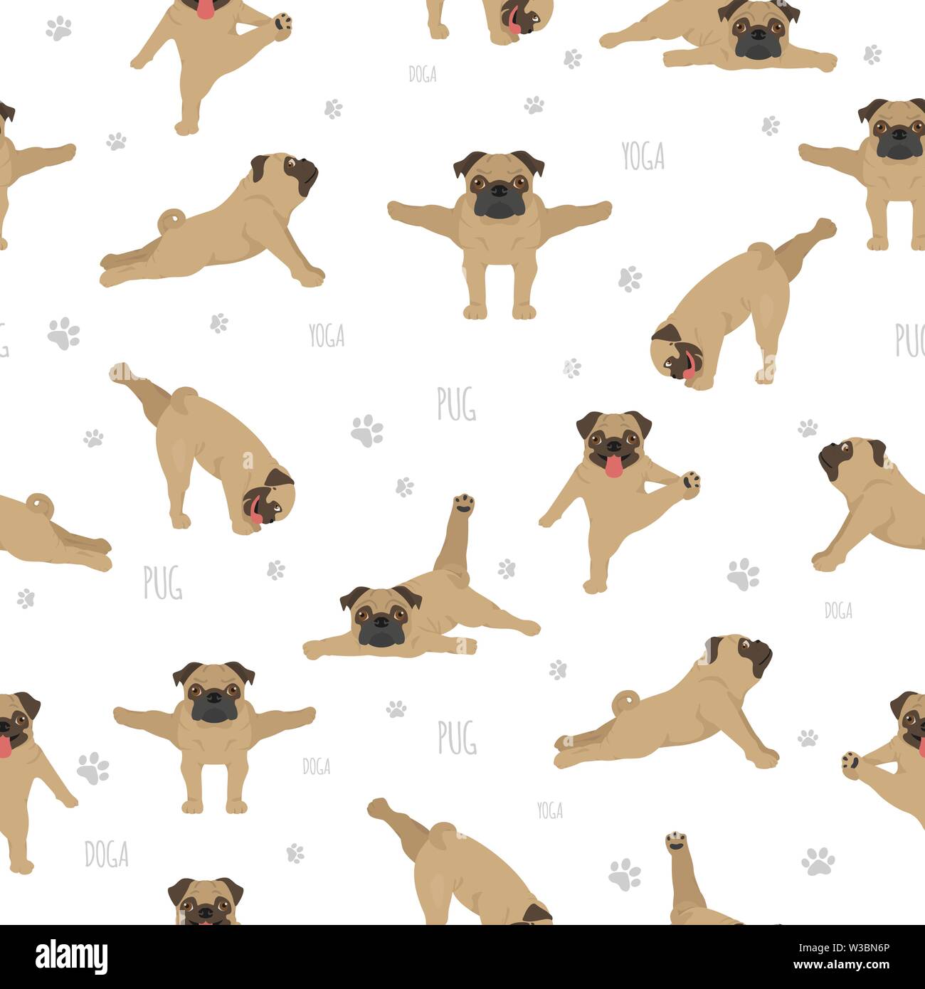 Yoga dogs poses and exercises. Pug seamless pattern. Vector ...